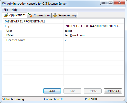 Entering the registration key in the Administration Console for CST License Server
